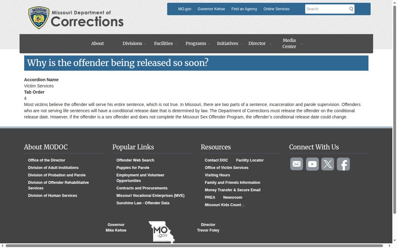 Lawrence County projected release date and Missouri conditional release explanation