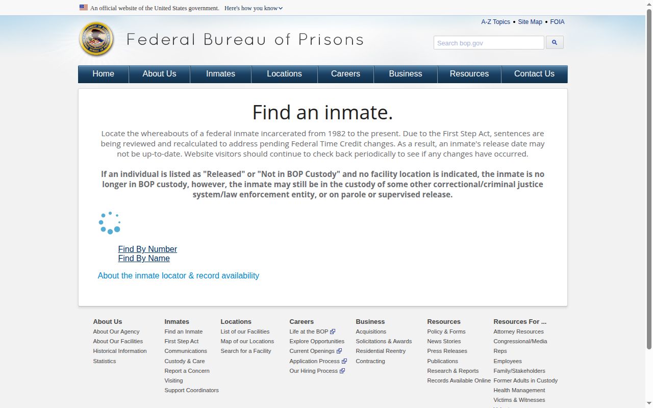 Official Federal Bureau of Prisons inmate locator