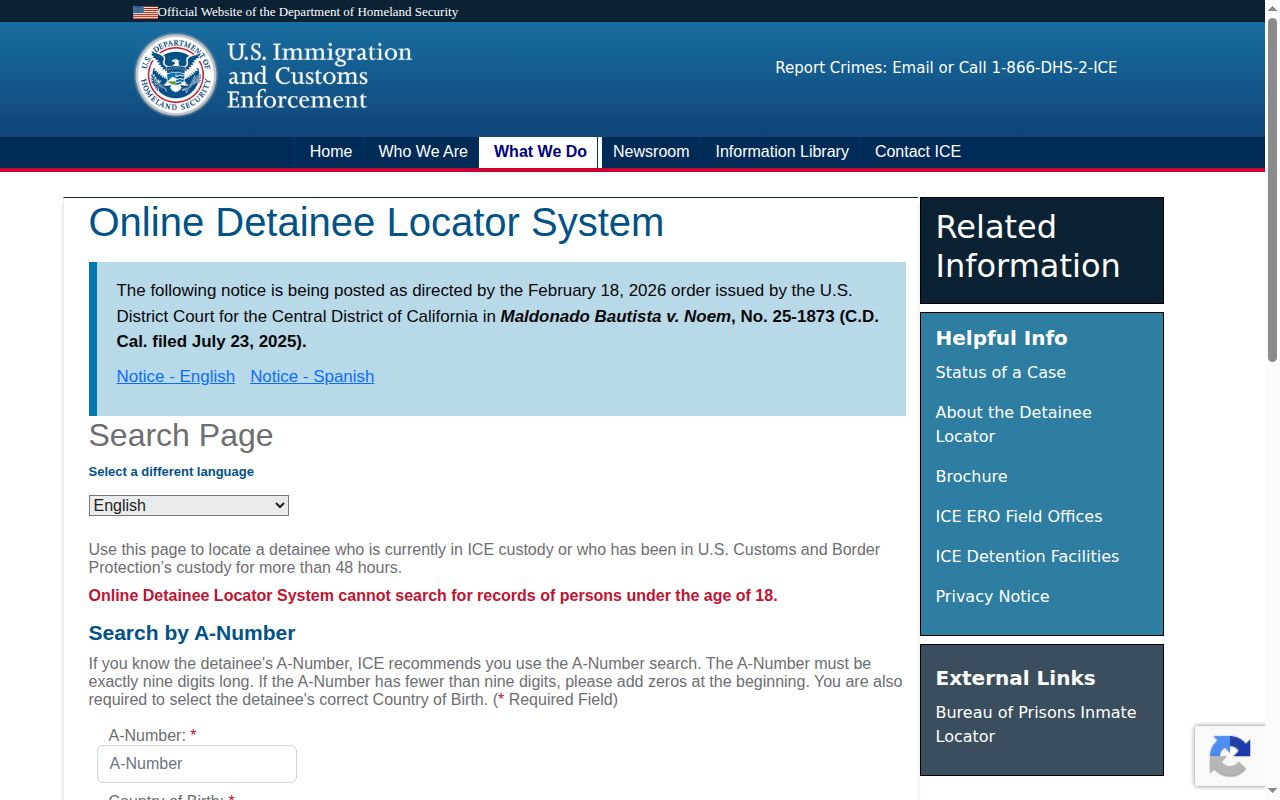 Official ICE Online Detainee Locator System search