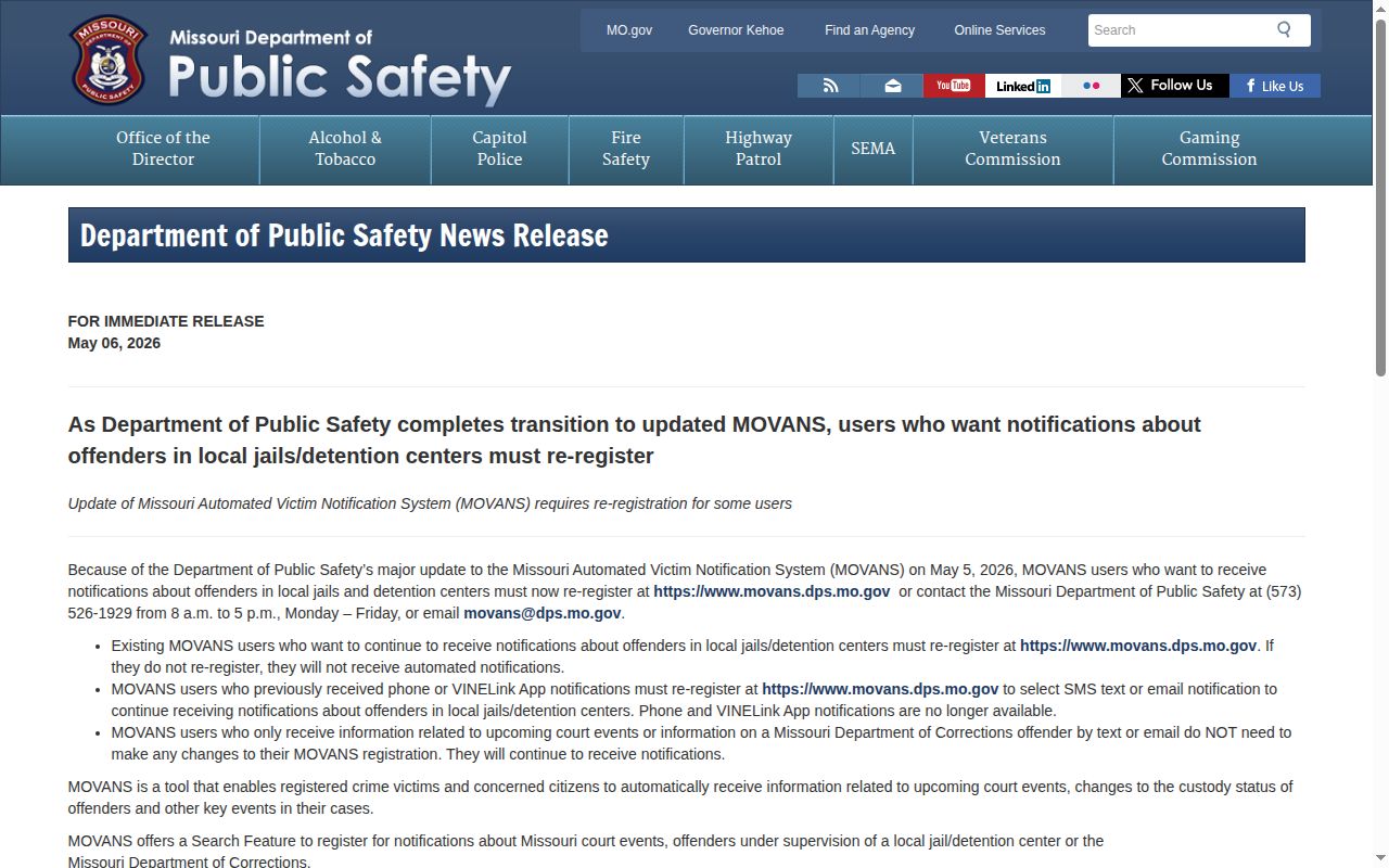 Lawrence County May 2026 Missouri MOVANS release notification change