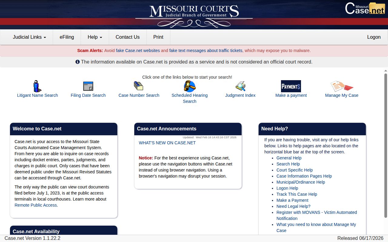 Missouri Case.net search for Lawrence County release case records